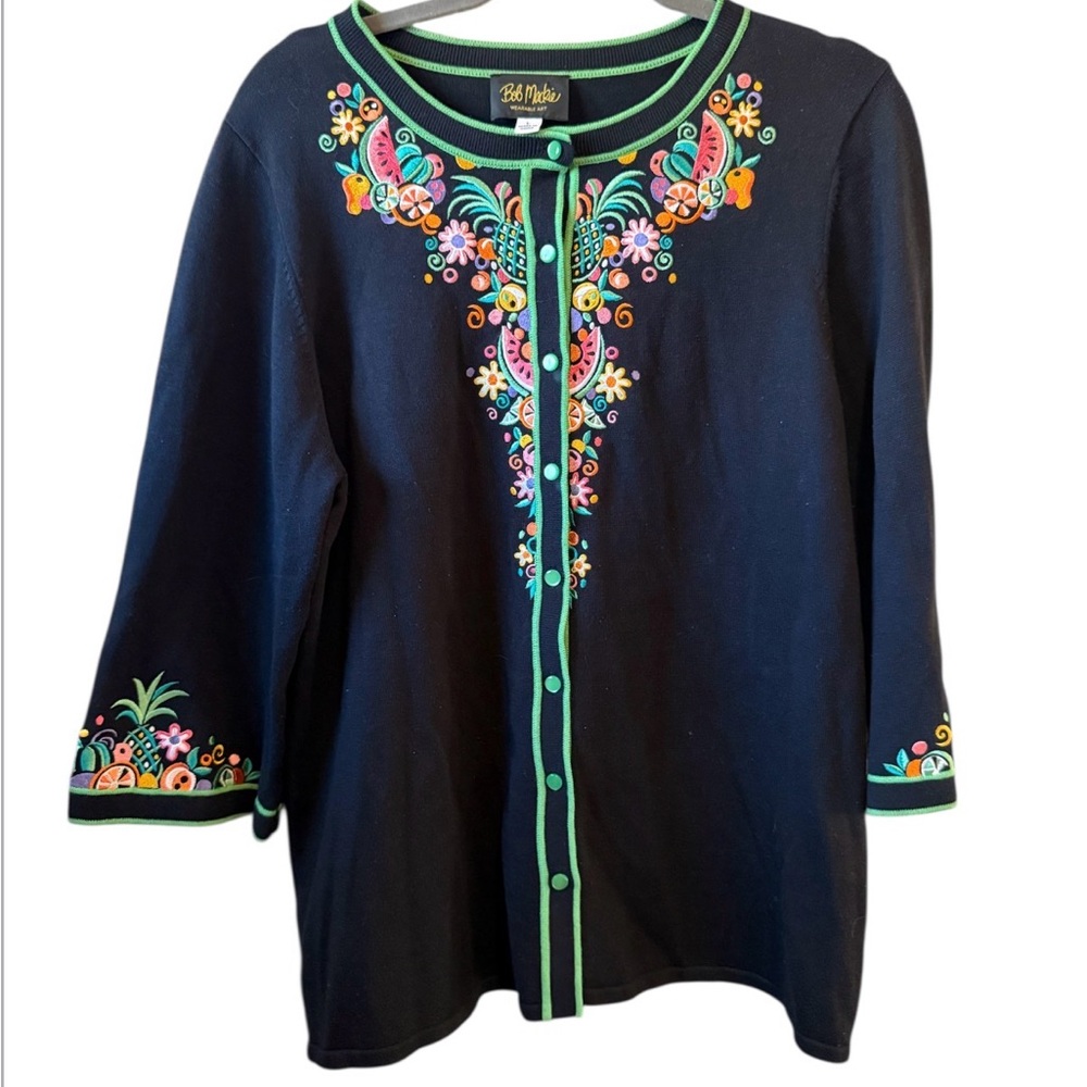 Bob Mackie Wearable Art Fruit Floral Embroidered Cardigan Sweater Size Large